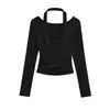 Top de Manga Larga con Escote Profundo en U Cruzado Halter Estilo Maduro Ligero, Nueva Camiseta Corta de Manga Larga Fruncida Off-Shoulder de Falso Dos Piezas Primavera/Verano