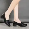 Zapatos de mujer de piel suave con tacón grueso, nuevo estilo otoño 2026, zapatos bajos de piel, punta redonda, versátiles para el trabajo, zapatos de mujer de piel de tacón medio