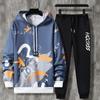 Terno de suéter masculino primavera e outono 2022 novo com capuz coreano elegante bonito impresso casual sportswear para adolescentes