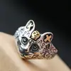 Nafoge Joyería de Plata al por Mayor Moda Japonesa y Coreana Anillo de Plata Tailandesa para Mujer Anillo Abierto de Gato de Plata de Ley 925 Hecho a Mano