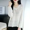 Blusa de tricô feminina, transparente, decote V, com detalhes vazados, manga 3/4, mistura de linho Tencel, estilo coreano, modelagem solta, plus size, proteção solar, para ambientes com ar condicionado, moderna