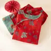Pijama Feminino 100% Algodão Tingido em Fio com Botões Tradicionais Chineses para Primavera e Outono, Ano Novo, Ano do Zodíaco e Recém-Casados, Roupa de Casa Vermelha Tamanho Grande