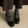 Versión de Cuero Suave~Zapatos de Mujer Estilo Retro Coreano Francés con Tacón Grueso Cómodos, Zapatos Mary Jane Negros de Punta Cuadrada