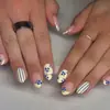 Color de base nude uñas ovaladas arándano estilo francés fresco rayas contrastantes amarillo azul lunares uñas postizas de comercio exterior al por mayor