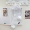 Meias Brancas com Laço para Mulheres, Meias Longas de Malha Fina Respirável para o Verão, Meias Cano Alto Folgadas Estilo Miu Ballet