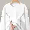 Estação da primavera e do outono, camiseta lisa popular de manga comprida, corte solto, gola redonda, unissex, top simples e versátil