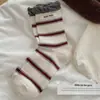 Calcetines de Algodón Puro para Mujer, Calcetines Holgados con Puños de Burbujas, Etiquetas de Tela Rayadas, Calcetines de Media Pantorrilla para Primavera y Verano, Estilo Ins, Venta al por Mayor desde Zhuji, Industria del Calcetín de Zhuji