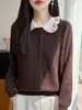 Cardigan de Tricô de Lã Pura com Gola Lapela, Manga Longa, Bloco de Cores, Borda com Babados, Suéter Solto de Lã, Novo Outono/Inverno 2026