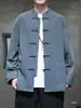 Camisa larga de manga larga de gran tamaño para hombre para primavera y otoño, estilo chino con cuello abotonado, chaqueta tipo traje Tang, corte holgado, color liso, camisa casual de algodón y lino