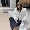 Jaqueta Corta de Penas Slim Fit Paisagem de Neve da Finlândia para Mulheres, Novo Estilo 2025, Tamanho Petite, Casaco de Inverno com Gola Grande de Pelo