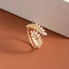 Luxo Leve e Elegante Anel Ajustável de Abertura com Folhas e Espigas de Trigo Cravejadas com Microdiamantes Pulseira de Anel de Alta Gama para Mulheres
