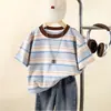 Camiseta de Manga Corta de Verano para Niños, Moda Callejera Elegante para Niños, Top Individual, Estilo Coreano para Niñas, Versátil, Estilo Perezoso, Camiseta de Rayas