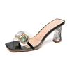 Sandalias Transparentes de Verano Versátiles de Lujo Ligero con Pedrería para Mujer Sexy de Una Tira Tacón Grueso Zapatos de Tacón Alto de Alta Gama Pantuflas de Exterior
