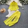Conjunto de duas peças da moda com bordado pesado para mulheres, estilo de verão para o trabalho com top de manga curta e calça pantalona de cintura alta, conjunto estiloso e versátil