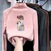 Roupa íntima infantil estampada com forro de fleece, gola alta, manga longa, quente e versátil, camiseta escovada para meninas, outono e inverno