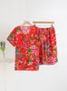 Conjunto de Camiseta y Shorts de Verano Floral para Mujer del Noreste, Algodón Seda Casual Versátil Delgado Ropa de Casa Conjunto de Dos Piezas
