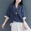 Novo vestido de chá retrô estilo chinês feminino de algodão e linho, camisa de frente aberta com carcela diagonal e fechamento de três botões, manga média, design falso de duas peças
