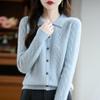Camisa Polo 100% Lana Pura Moda Cardigan de Solapa Tejido de Punto Blanco Rosa Tejido Reductor de Edad Invierno Corto Nuevo Estilo