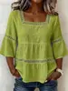 Blusa Casual de Algodón y Lino con Cuello Cuadrado, Encaje y Mangas Tres Cuartos, Color Sólido, Verano, Transfronteriza Amazon, 2026