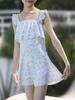 Traje de baño de cintura alta de Corea del Sur para mujer, estilo falda, aspecto conservador y delgado, que cubre el vientre, estilo fresco para niña, traje de baño estampado con tirantes, bóxers