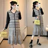 Em Estoque Novo Vestido de Tricô Grosso Patchwork Outono e Inverno Nicho Único Decote V Emagrecedor Vestido Sereia Maternidade
