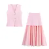 Traje de Chaleco de Punto con Botones Dorados y Cuello en V + Falda Plisada Nuevo de Verano 2025 Transfronterizo Europeo y Americano para Mujer
