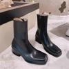 Versión de piel de vaca ~ Botas Martin de cuero fino con punta cuadrada, estilo británico, tacón grueso, cremallera lateral, Chelsea, botas cortas para mujer