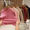 Suéter Macio e Waxy para Menina Outono e Inverno Estilo Ocidental Gola Alta Cor Sólida Camisa Base Gola de Orelha de Bebê Tricô