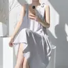 Novo Pijama de Algodão e Seda da Muzhen Silk para Mulheres, Estilo Fino de Verão, Seda Artificial de Algodão, Cor Sólida, Toque de Luxo, Vestido Longo Acima do Joelho, Roupa de Casa