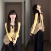 Camiseta de Manga Larga Derong Estilo Coreano Bloque de Color Falso Dos Piezas Ajustada para Mujer, Camisa Base Botonada de Hombro Normal para Primavera y Otoño, Top Adelgazante