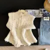 Colete de tricô com acabamento em renda para mulheres, novo estilo primavera e outono, colete curto em camadas, top sem mangas para mulheres