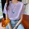 Nova camiseta de algodão puro com modelagem solta e mangas curtas para mulheres, para usar no verão, nova blusa estilosa com estampa, gola redonda, adequada para primavera e outono