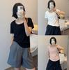 Exquisita Camiseta de Algodón Tencel con Cuello Cuadrado~~Estilo Minimalista Adelgazante con un Ambiente Elegante, Top de Camiseta Casual de Manga Corta