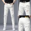 Calça Jeans Branca Rasgada com Patches de Alta Qualidade para Homens com Estampa de Strass e Bordado, Corte Slim, Calça Longa Tendência para Outono