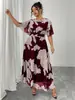 Vestido Largo de Chifón Elegante para Mujer Talla Grande de Primavera/Verano con Cuello Redondo, Mangas de Campana Fruncidas, Corte Entallado y Caída
