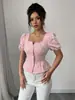 Ropa Femenina Transfronteriza Europea y Americana Moda de Verano Elegante Casual Camisa Cuello Cuadrado Manga Abullonada Manga Corta Top Dulce