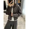 Jaqueta de couro PU off-white ~ leve, fina, macia, gola redonda, jaqueta de couro amassado, silhueta pequena, esconde imperfeições do corpo, casaco curto prático H082613