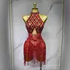 Desfile de Moda de Cantante Femenina Transfronteriza Vestido Corto de Baile Latino Elástico Adelgazante con Borlas de Pedrería Atuendo para Actuación en Escenario Atuendo Sexy