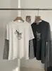 KEKEZOON Estilo Coreano Dibujo Animado Estampado de Ovejas Cuello Redondo Falso Dos Piezas Manga Larga Camiseta Mujer Otoño Versátil Top 9237