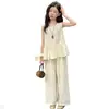 Conjunto de Verano para Niñas 2026 Estilo Nuevo: Conjunto de dos piezas para niña: Blusa tipo muñeca con mangas acampanadas y Pantalones anchos de verano para niños grandes