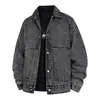 Jaqueta jeans estilo workwear para homens, outono e inverno, corte solto, gola de lapela, multi-bolsos, jaqueta moderna, lavada e desgastada, estilo de rua