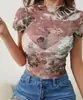 Verano Transfronterizo Nuevo Estilo Manga Corta Floral Sexy Chica Caliente Blusa de Gasa Top Estampado Camiseta para Mujer Europea y Americana Ropa para Mujer de Comercio Exterior