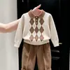 Estilo Coreano Meninos 2026 Outono/Inverno Novo Retrô Argyle Gola Polo Tricô Manga Longa Suéter Roupa Infantil Calça Casual