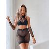 Lencería sexy sin mangas transfronteriza europea y americana, falda de cadera hueca con diamantes de imitación, red de pesca, malla de tres piezas con diamantes brillantes