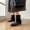 Botas de Cano Curto Ocidentais Patchwork Bico Quadrado Femininas Outono Inverno Couro Trançado Fivela Zíper Traseiro Salto Baixo Retrô Emagrecedoras Moda Botas Femininas