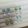 Pendientes de Imitación de Turquesa y Perla de Agua Dulce Natural Estilo Europeo y Americano Transfronterizos con Incrustaciones de Circonita y Diamante, Pendientes de Lujo de Gama Alta al por Mayor