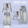Moletom fino estilo japonês para meninas, para primavera e outono, doce e fresco, manga longa, jeans soltinho confortável com desenho, conjunto versátil moderno de duas peças