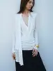 Top de manga larga RUTH blanco con cuello en V, drapeado, corte ajustado, diseño plisado, punto de acetato simple para mujer