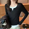 H261 Camiseta de Manga Longa com Gola Redonda e Design Falso Duas Peças H261 Pure Desire para Mulheres, Top Chic Slim-Fit de Outono, Camisa Base