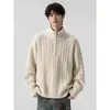 Suéter Masculino Novo Outono/Inverno 2026 Estilo Old Money Meio Zíper Jacquard Retrô Trançado Gola Meia Alta Malha Tendência